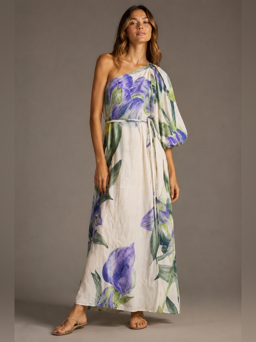 White Closet One Shoulder Floral Maxi Dress Ivory Purple XL NWOT
